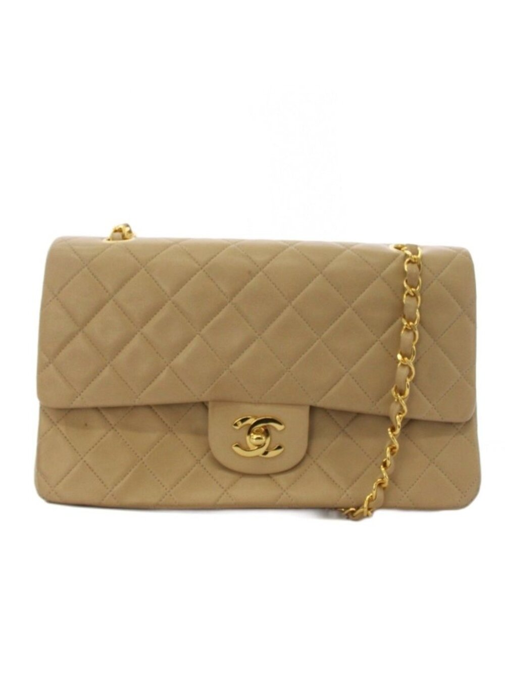 Chanel Quilted 25 Chain Flap Shoulder Bag CC Logo Lambskin Beige KH